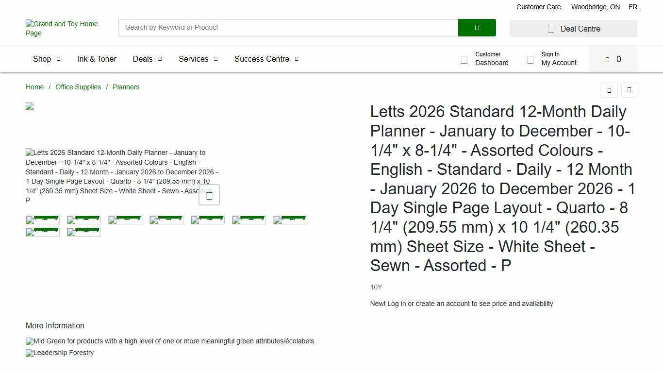 Letts 2026 Standard 12-Month Daily Planner - January to December - 10-1/4" x 8-1/4" - Assorted Colours - English - Standard - Daily - 12 Month - January 2026 to December 2026 - 1 Day Single Page Layout - Quarto - 8 1/4" (209.55 mm) x 10 1/4" (260.35 mm) Sheet Size - White Sheet - Sewn - Assorted - P Grand & Toy